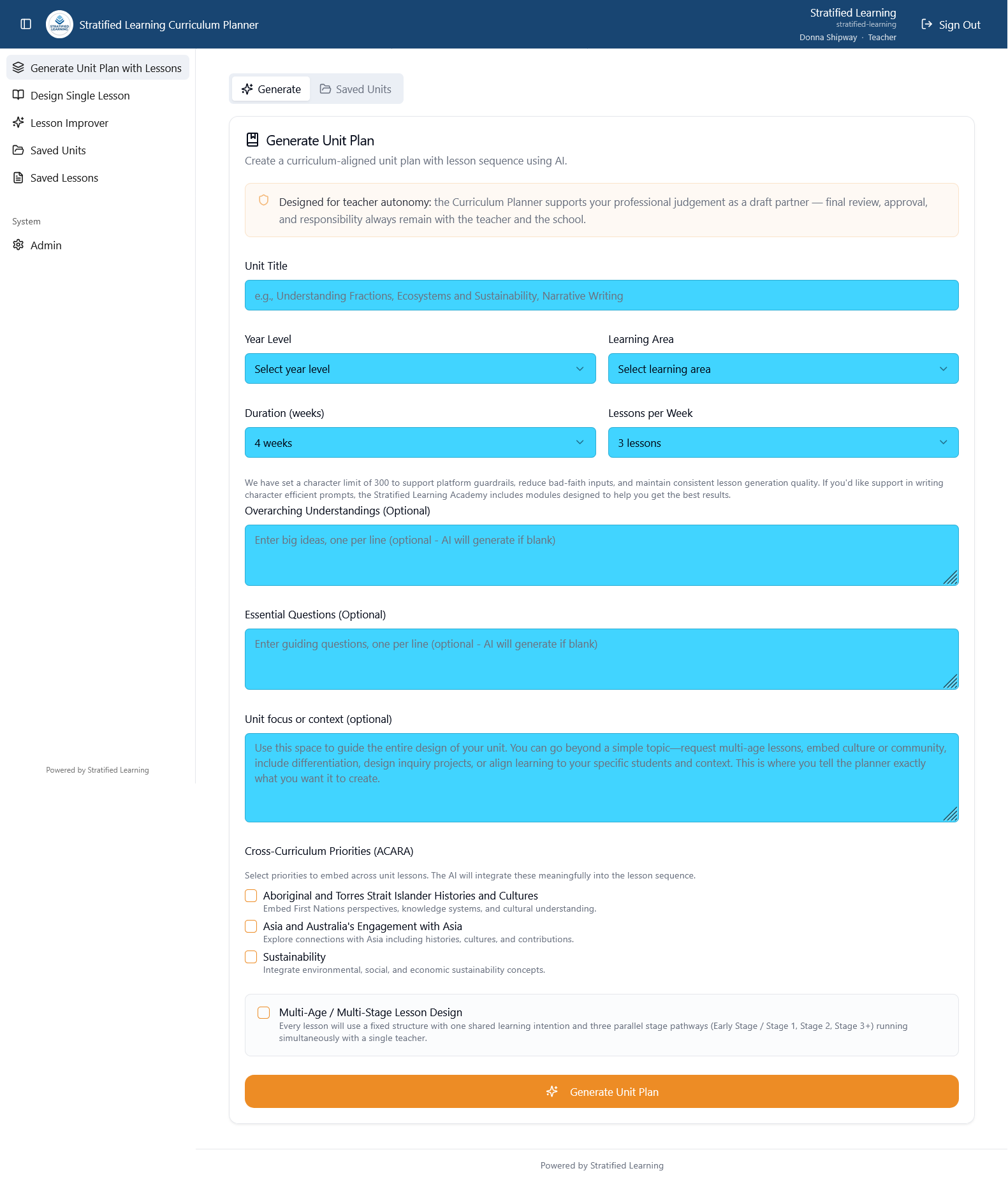 Generate Unit Plan screen