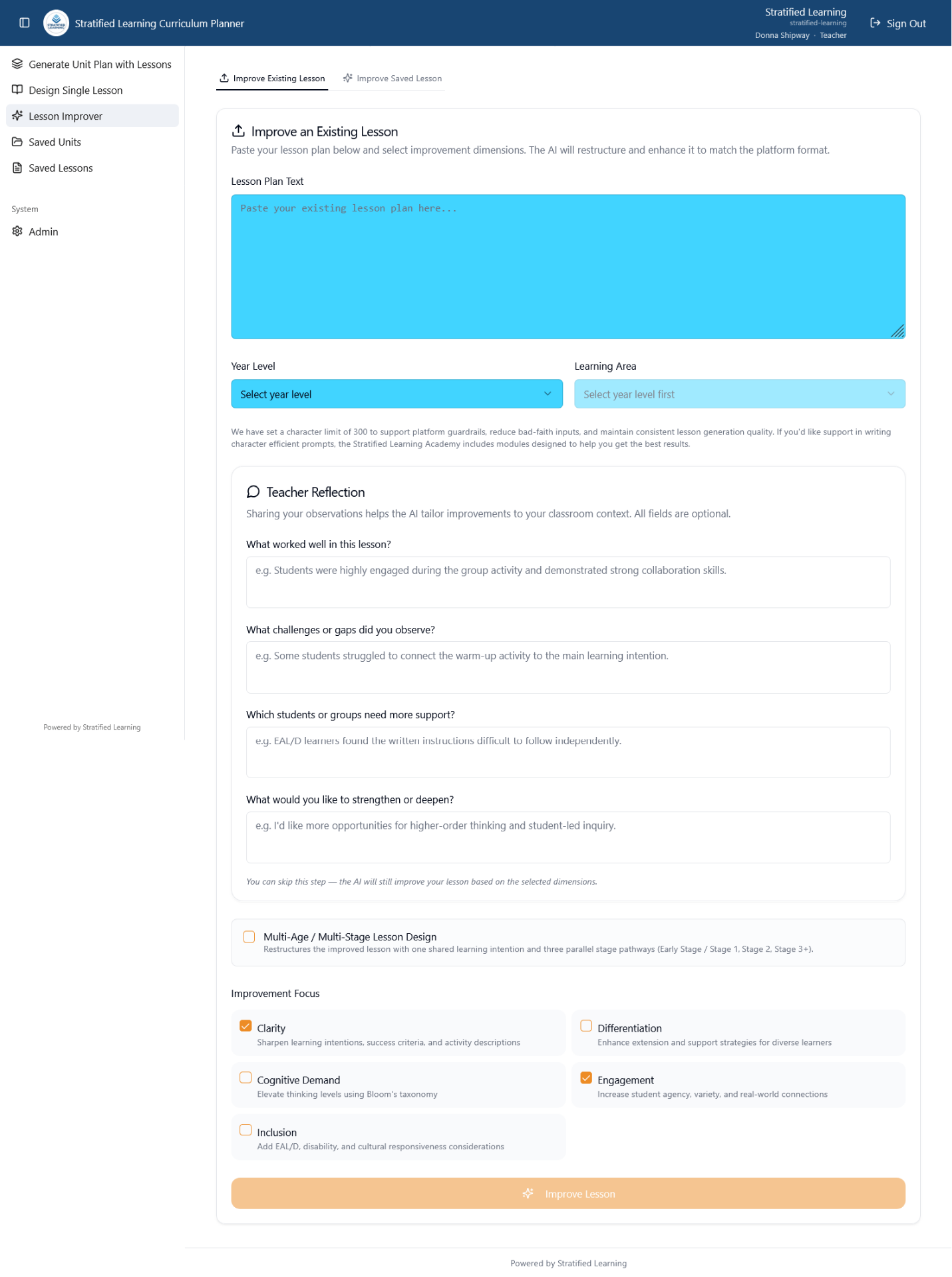 Lesson Improver screen